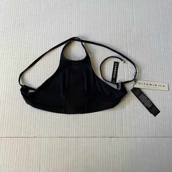 NWT Vitamin A Carbon 38 Swim Celine High Neck Mesh Halter Bikini Top Black S 8/M - Picture 9 of 15